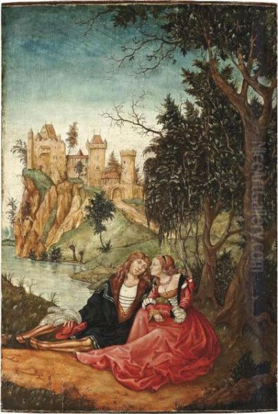 I A Wooded River Landscape With An Amorous Couple At Rest Under A Tree Oil Painting by Lucas The Elder Cranach