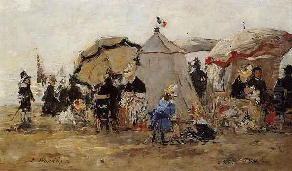 Woman and Children on the Beach at Trouville I Oil Painting by Eugene Boudin