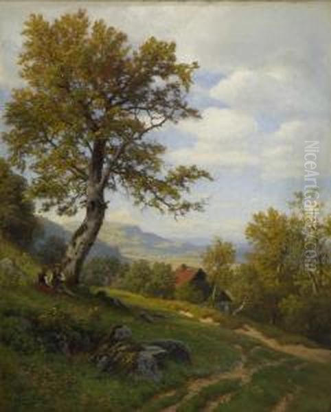 Spatsommerliche Landschaft Mit Rastendem Bauernpaar Oil Painting by Carl Von Der Hellen