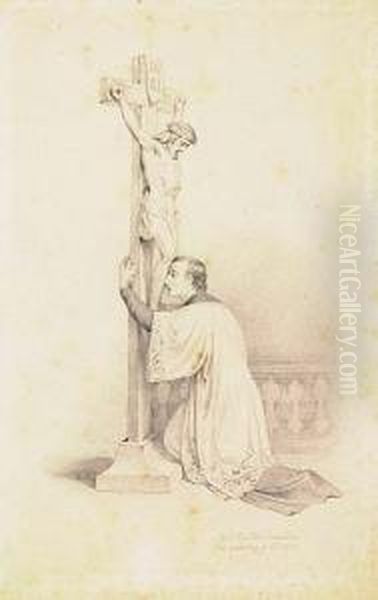 An Acolyte In Prayer At The Base Of A Crucifix<</b> Oil Painting by Melchior Paul Von Deschwanden