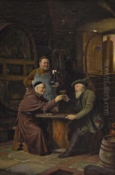 Monche Und Jager Im Weinkeller Oil Painting by Wilhelm Von Diez