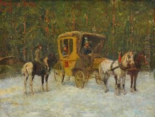 Postkutsche Am Winterlichen Waldrand Oil Painting by Wilhelm Von Diez