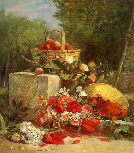 Flowers and Fruit in a Garden Oil Painting by Eugene Boudin