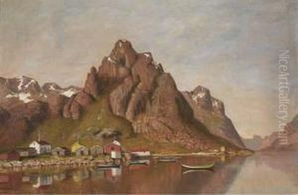 Norwegian Fishing Village Oil Painting by Johannes Von Ditten