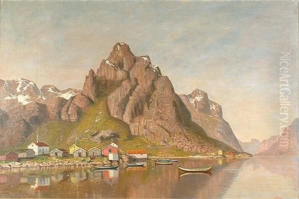 A Small Hamlet By A Fjord Oil Painting by Johannes Von Ditten