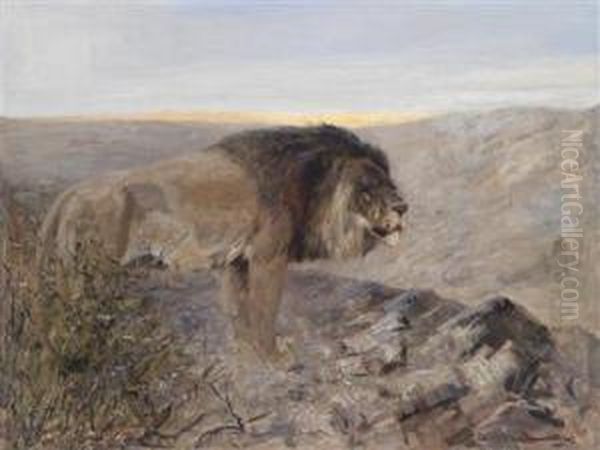 A Lion In An Evening Landscape Oil Painting by Carl Ritter Von Dombrowski