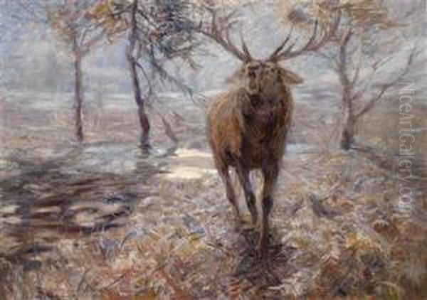 Bbellowing Stag Oil Painting by Carl Ritter Von Dombrowski