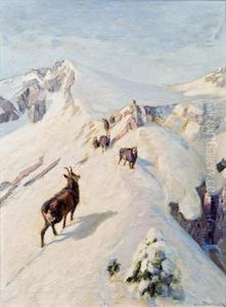 Gemsen In Winterlicher Berglandschaft Oil Painting by Carl Ritter Von Dombrowski