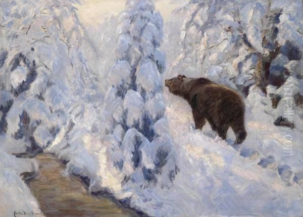 Bear In A Winter Landscape Oil Painting by Carl Ritter Von Dombrowski