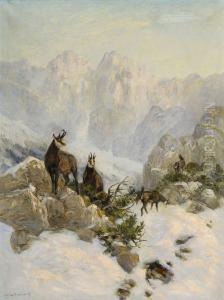 Gamswild In Winterlicher Gebirgslandschaft Oil Painting by Carl Ritter Von Dombrowski