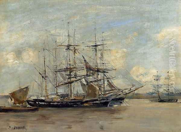 Le Havre, Three Master at Anchor in the Harbor Oil Painting by Eugene Boudin