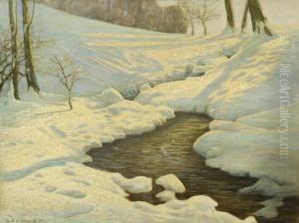 Winterlicher Bachlauf Oil Painting by Sixtus, Ritter Von Dzbanski