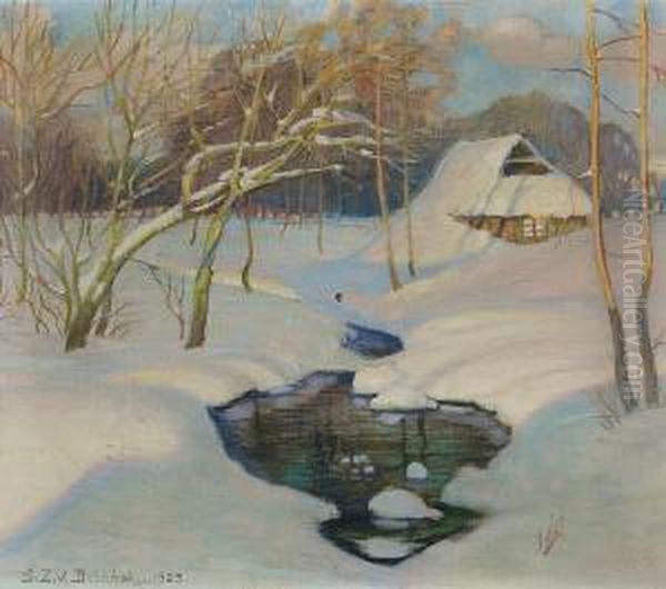 Tiefverschneite Winterlandschaft Mit Bauernhaus Und Offenem Wasserloch Oil Painting by Sixtus, Ritter Von Dzbanski