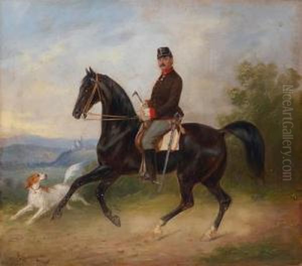 Offizier Mit Pferd Vor Landschaftshintergrund Oil Painting by Carl Martin Von Ebersberg