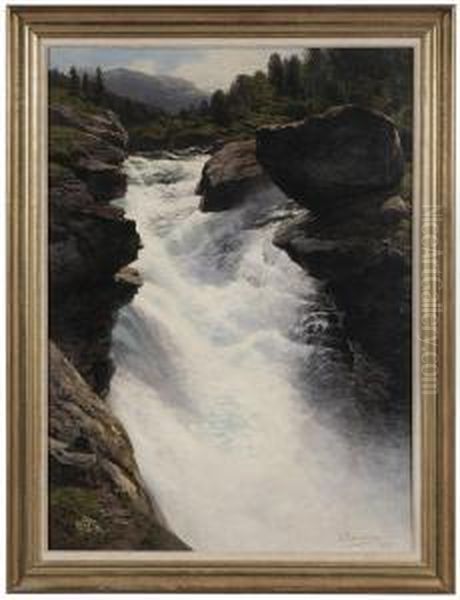 Norwegischer Wasserfall Oil Painting by Themistocles Von Eckenbrecher