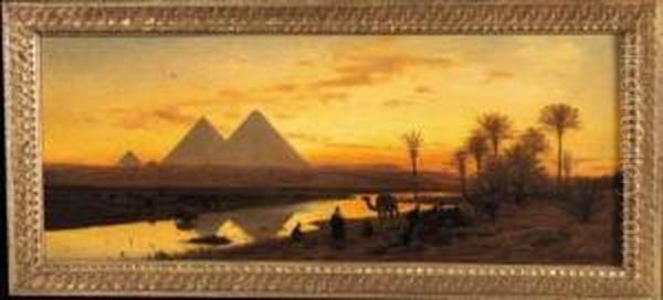 Coucher Du Soleil Sur Le Nil Et Les Pyramides Oil Painting by Themistocles Von Eckenbrecher