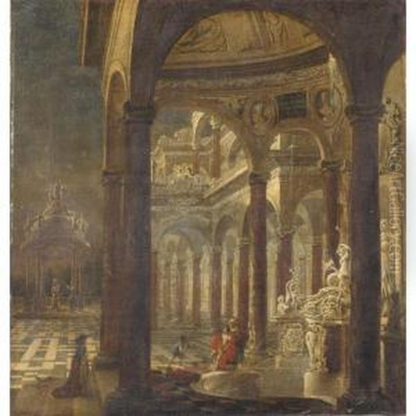 An Architectural Capriccio With Bathsheba Receiving The News Of The Death Of Her Husband Uriah The Hittite Oil Painting by Wilhelm Schubert Von Ehrenberg