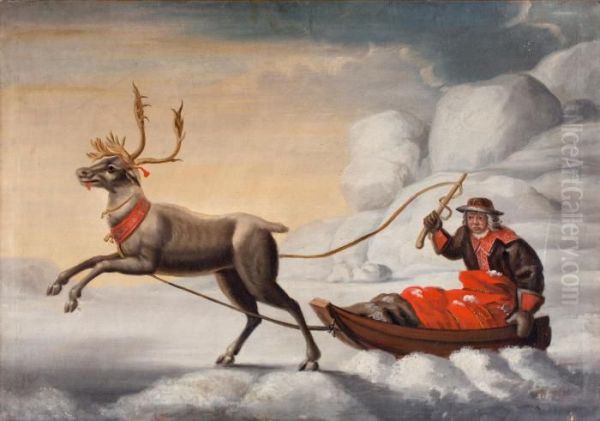 Raindear Hauling A Ackja Oil Painting by David Klocker Von Ehrenstrahl