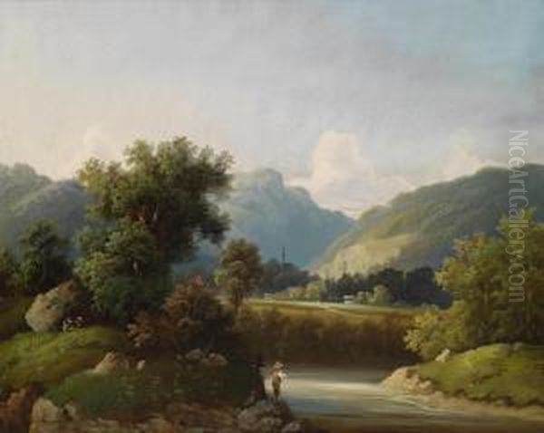 Angler By A Stream Oil Painting by Theodor, Freiherr Von Ehrmanns