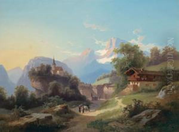 Ted Mountain Village With A Church On A Stoney Clift Oil Painting by Theodor, Freiherr Von Ehrmanns