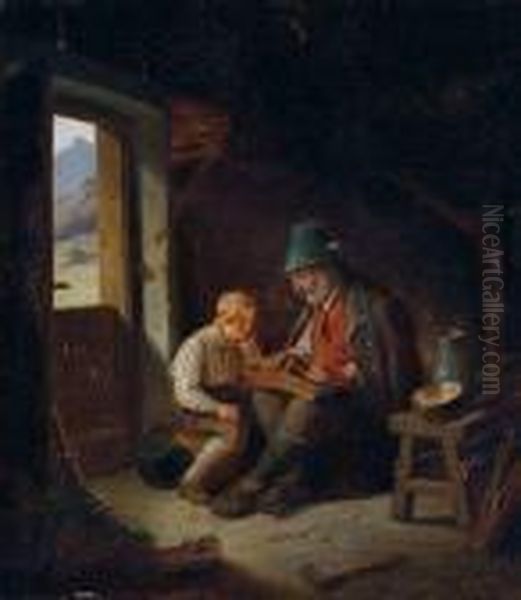 Der Zitherspieler Mit Aufmerksamen Zuhorern Oil Painting by Karl Von Enhuber