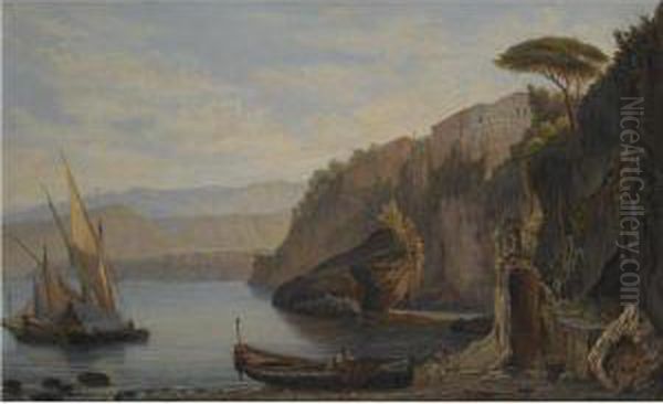 A Sailing Boat Moored Of The Amalfi Coast Oil Painting by Alfred Von Ernst