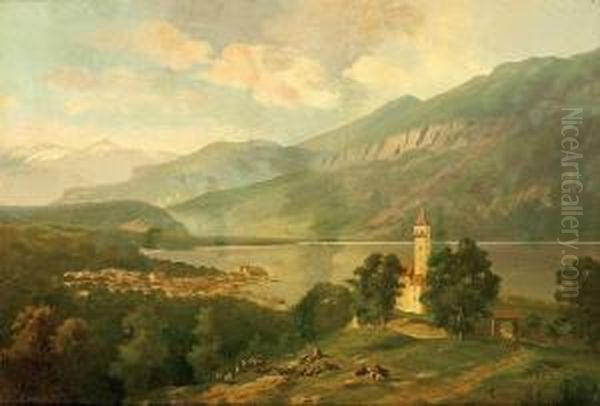 Dusseldorfer Maler 2. Halfte 19. Jh. Stellte Ab 1860 Regelmasig Auf Der Dusseldorfer Kunstausstellung Aus. Sign. Seelandschaft In Den Alpen Mit Kirchdorf Und Figurenstaffage. Ol/lwd. . 37 X 53 Cm. R Oil Painting by Emil Von Ernst