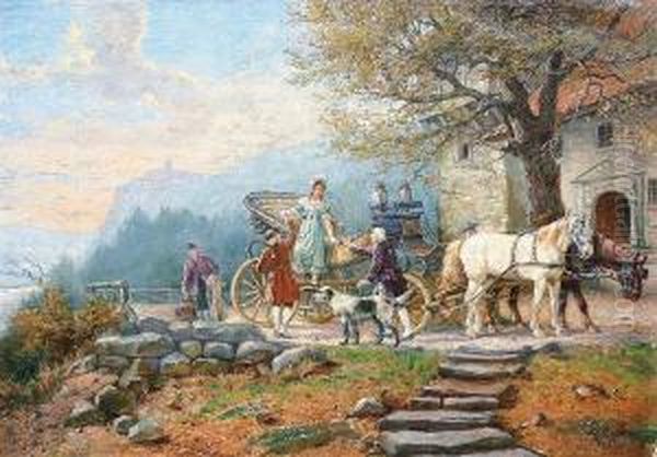 Die Ankunft Der Kutsche Vor Dem Schloss Oil Painting by F.A. Elmar Von Eschwege