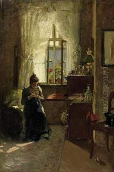 Young Woman Sewing By The Window Oil Painting by Max Von Esterle