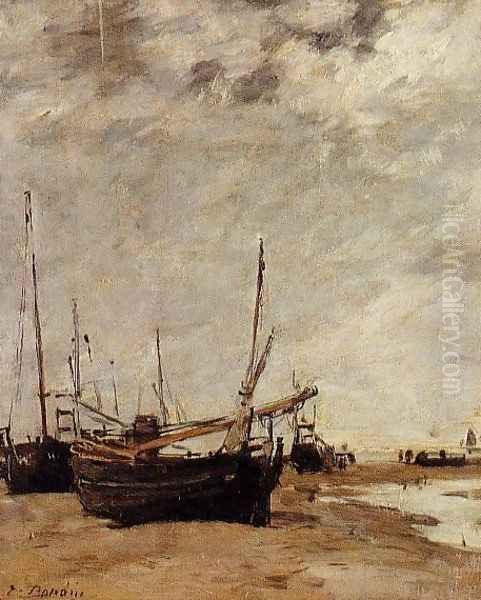 Low Tide, Grounded Sailboats Oil Painting by Eugene Boudin