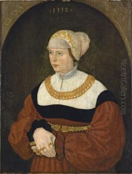 Portrait Of Clara Burckhardt, Half-length, In A Gold-embroidered White Bonnet And A Red Dress With A Lace Collar, And A Gold Belt And Necklace, In A Sculpted Niche Oil Painting by Conrad Creuznach Von Faber