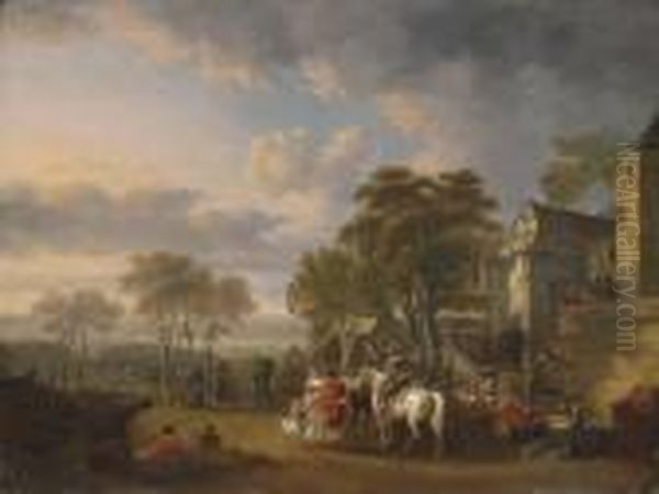 Cavalrymen At Rest By An Inn, A Military Encampment Beyond Oil Painting by Carel van Falens or Valens