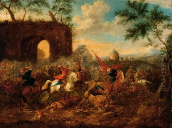 Battle Scene Oil Painting by Carel van Falens or Valens