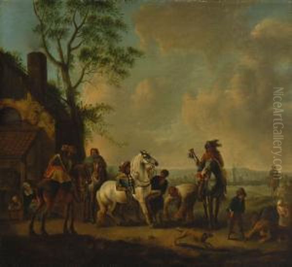 Reitergesellschaft Beim Hufschmied. Oil Painting by Carel van Falens or Valens