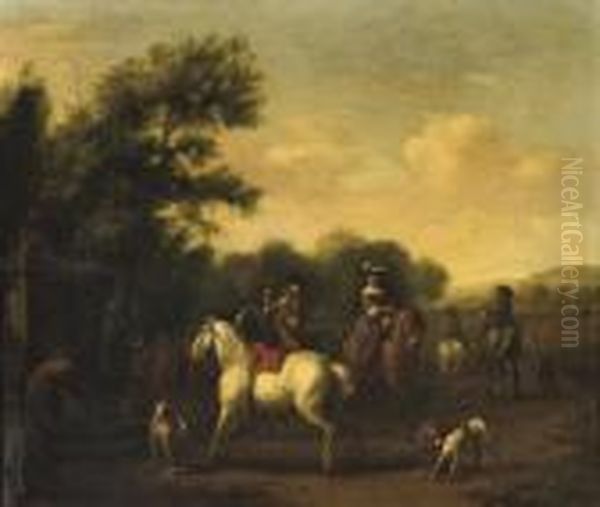 A Hunting Party Resting At A Well In A Wooded Landscape Oil Painting by Carel van Falens or Valens