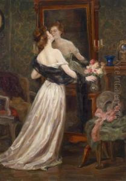 Lady In A Boudoirbefore A Mirror Oil Painting by Luma Von Flesch-Brunningen