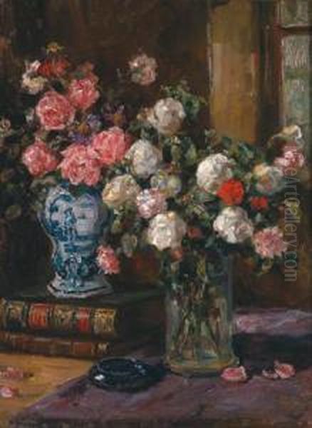 Still Life With Roses In A Vase And Books Oil Painting by Luma Von Flesch-Brunningen