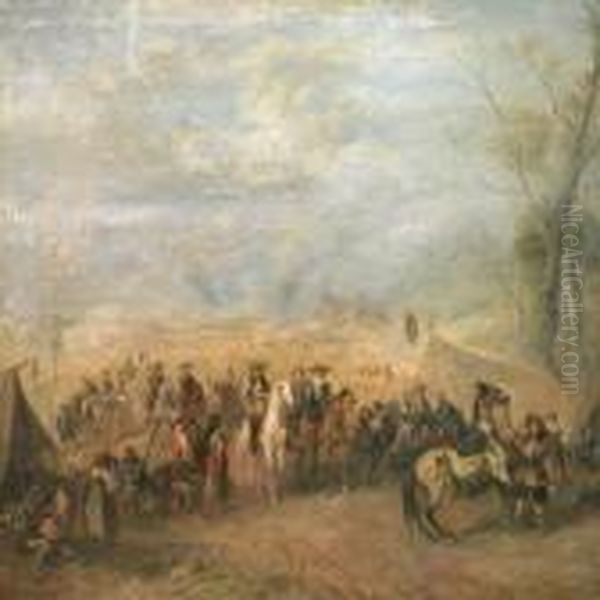 Soldiers, People And Horses By A Tent Camp Oil Painting by Alfred Ritter von Malheim Friedlander