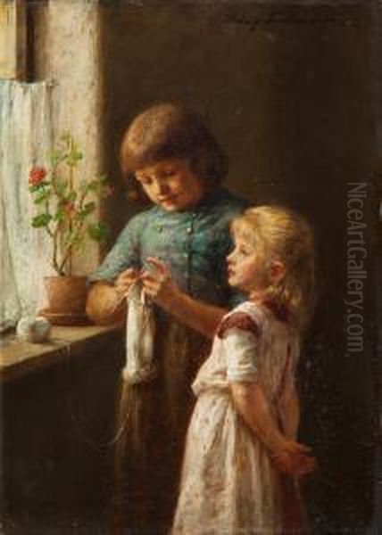 Strickunterricht Oil Painting by Hedwig Malheim Von Friedlaender