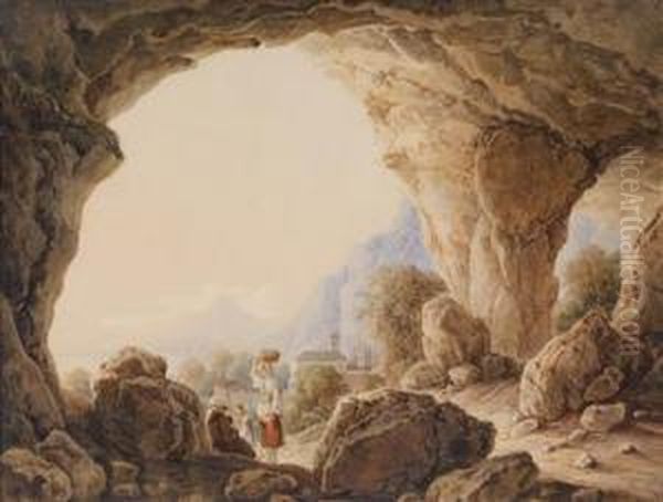 A View From A Grotto To An Italian Coastal Landscape Oil Painting by Georg Von Gaal