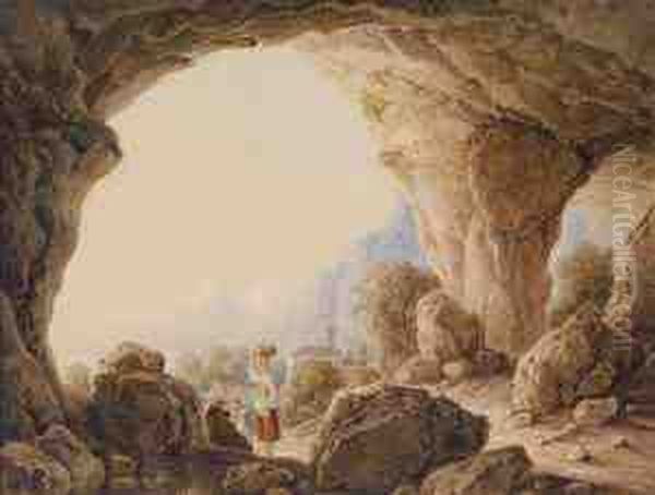 Aview From A Grotto On An Italian Coastal Landscape Oil Painting by Georg Von Gaal