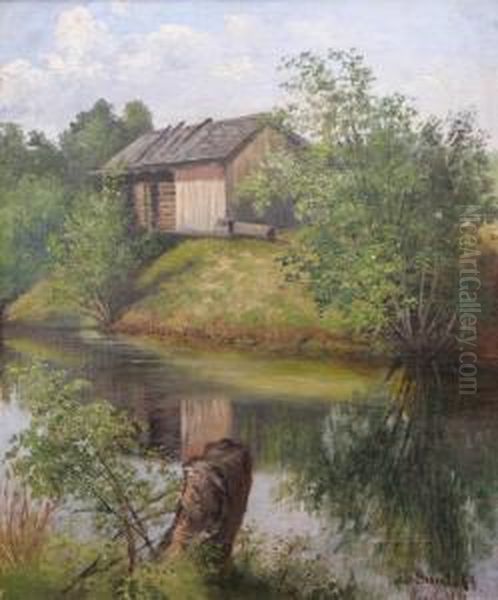 Landskap Med Lada Vid Flod- Motiv Fran Ljusdal Oil Painting by Lotten Von Gegerfelt