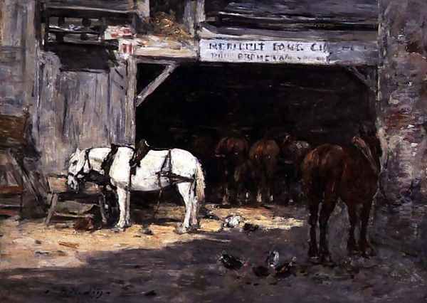 Horses for Hire in a Yard c.1885-90 Oil Painting by Eugene Boudin