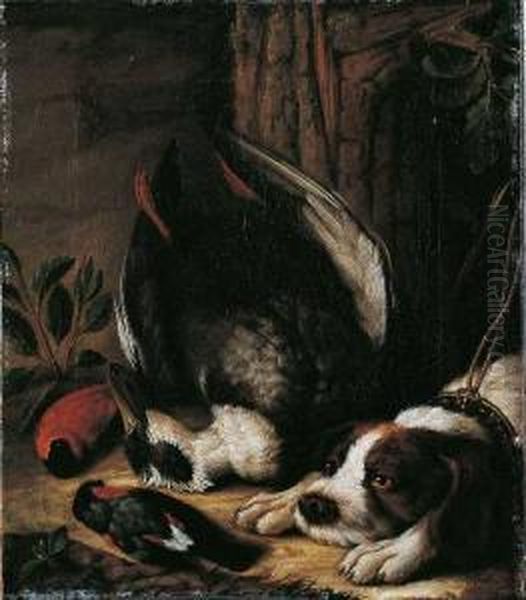 Tierstillleben Mit Apportierhund. Oil Painting by Johann Friedrich Von Grooth