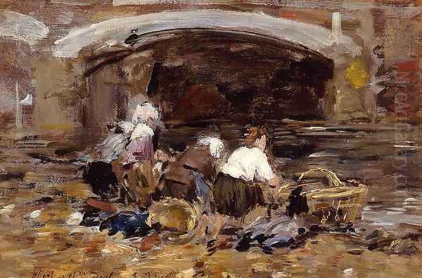 Laundresses near a Bridge Oil Painting by Eugene Boudin