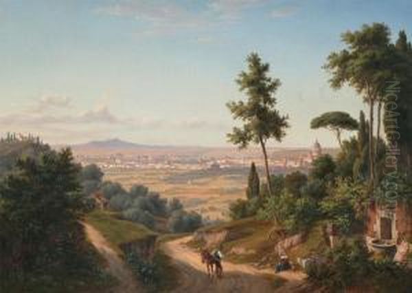 Panoramic Italianate Landscape With Figures Oil Painting by Eugene von Guerard