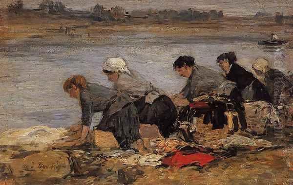 Laundresses on the Banks of the Touques XI Oil Painting by Eugene Boudin