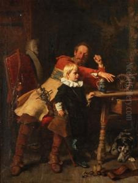 Interieurszene Mit Vater Und Kind Oil Painting by Gabriel Von Hackl