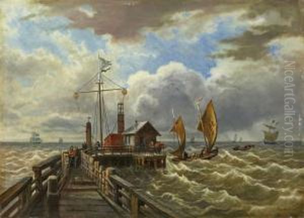 Marine Mit Pier Undschiffen Im Sturm Oil Painting by Karl, Freiherr Von Hafften