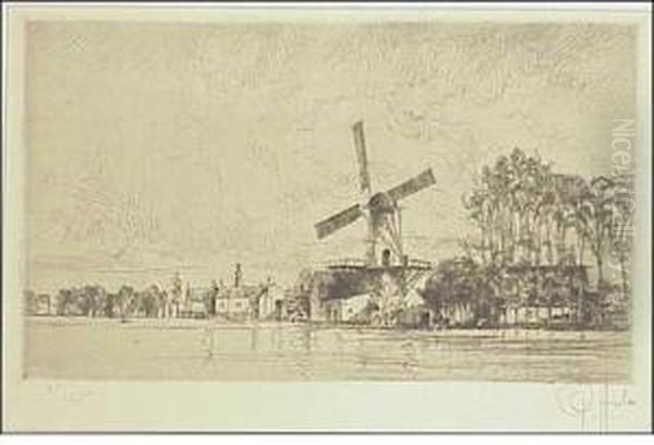 Landscapewith Windmill And Water Oil Painting by Peter Von Halm